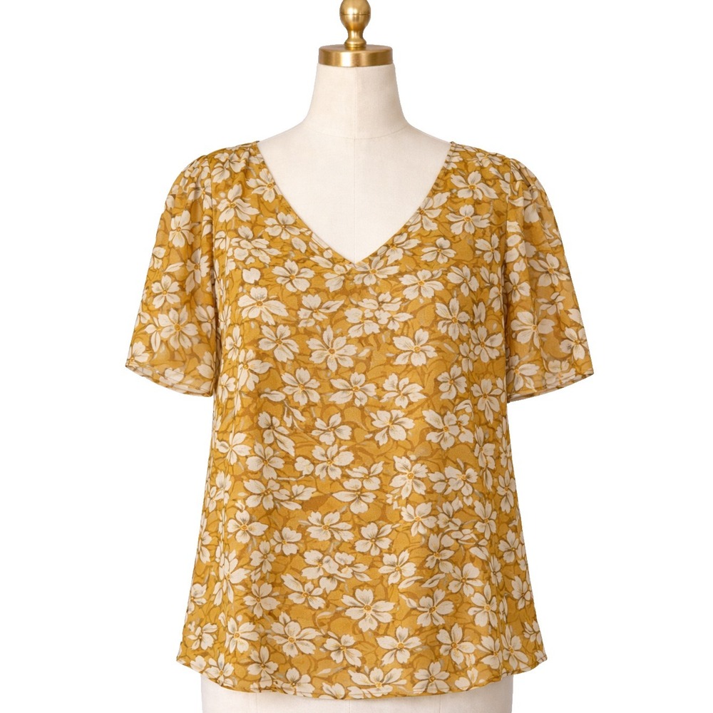 Cabi Thrive Double Layered Top Womens Small Mustard Yellow Chiffon Floral #3598